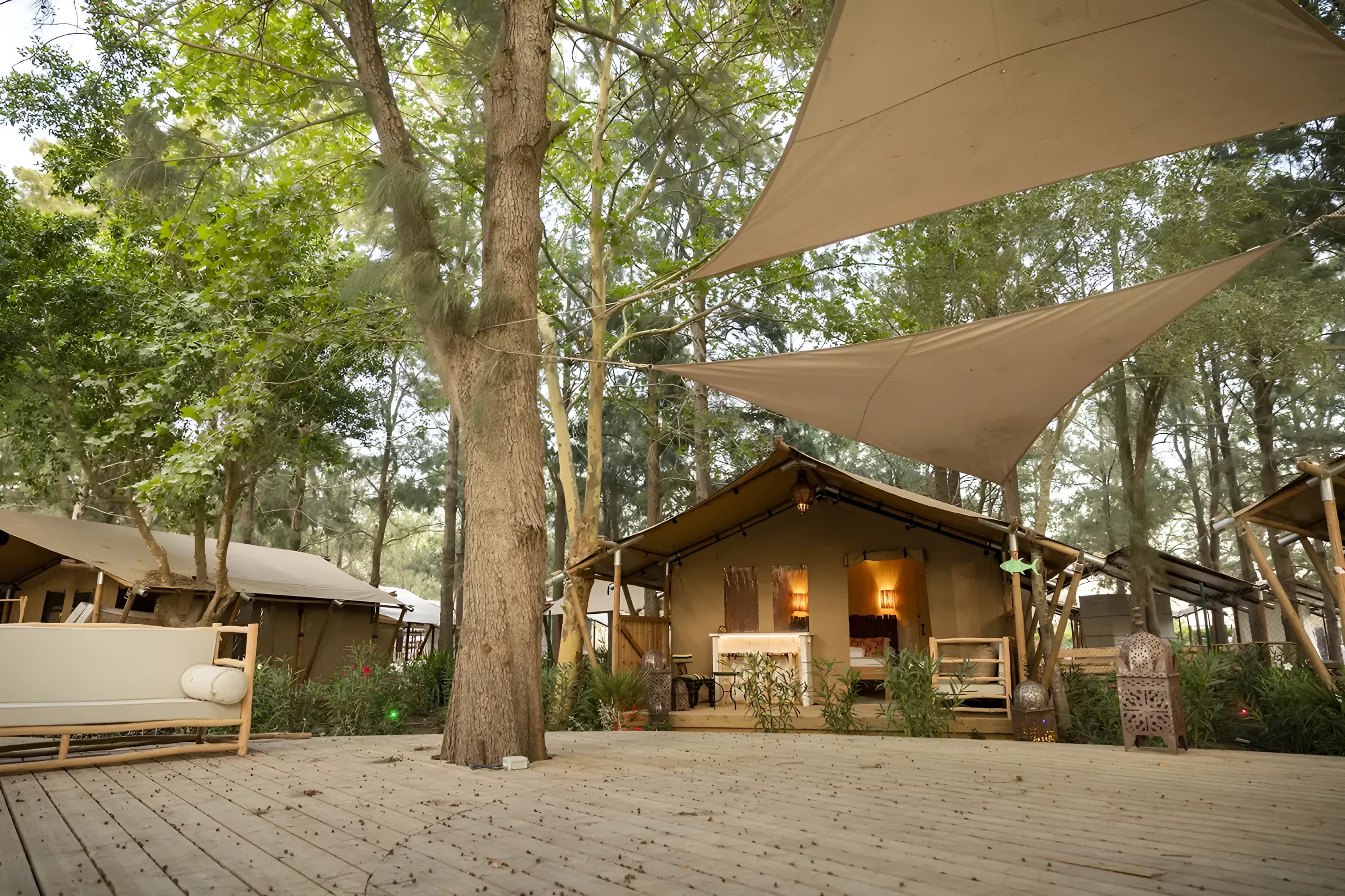 The meditation platform and sun deck among the lodges